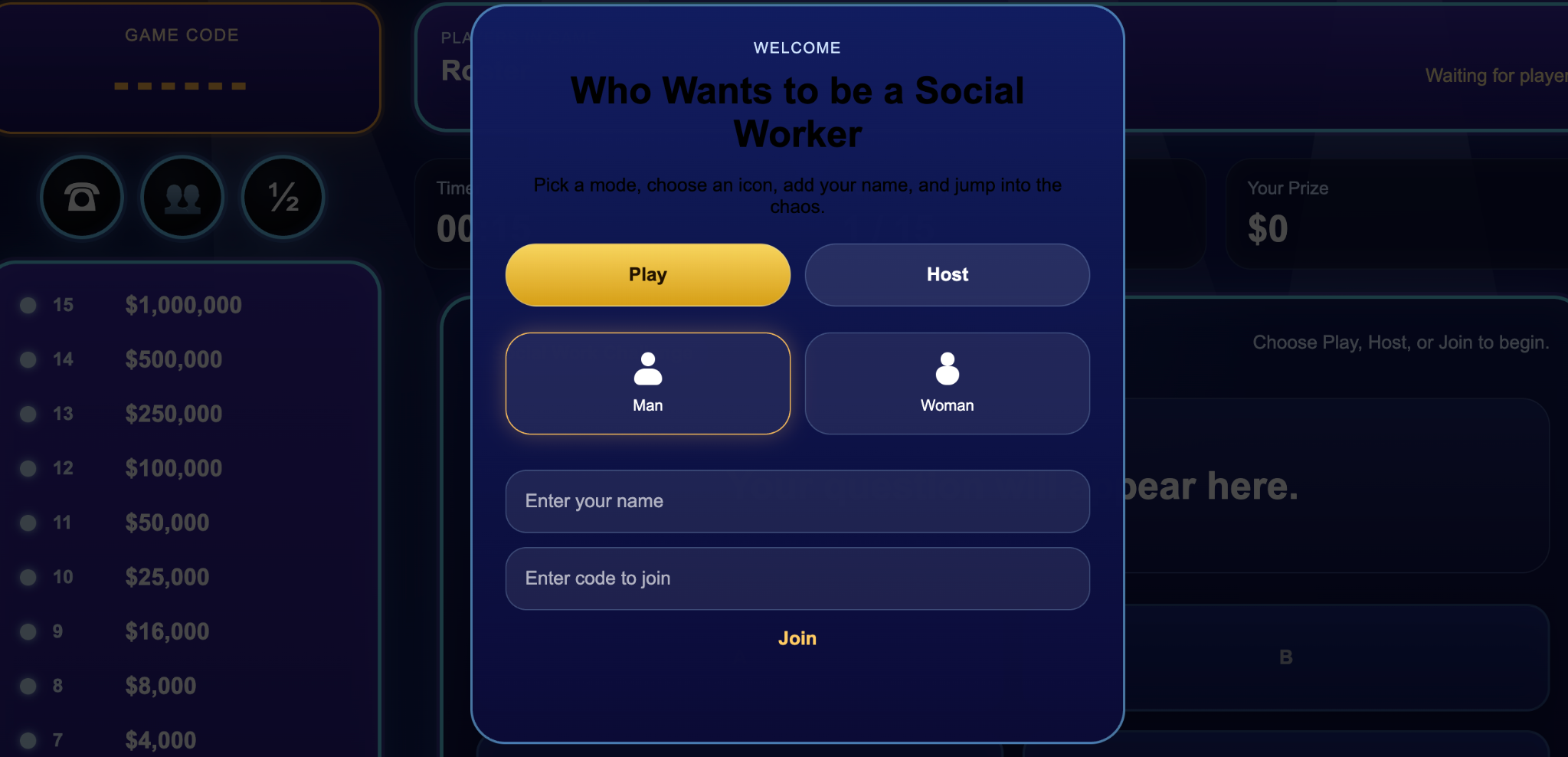 Screenshot of Who Wants to be a Social Worker game